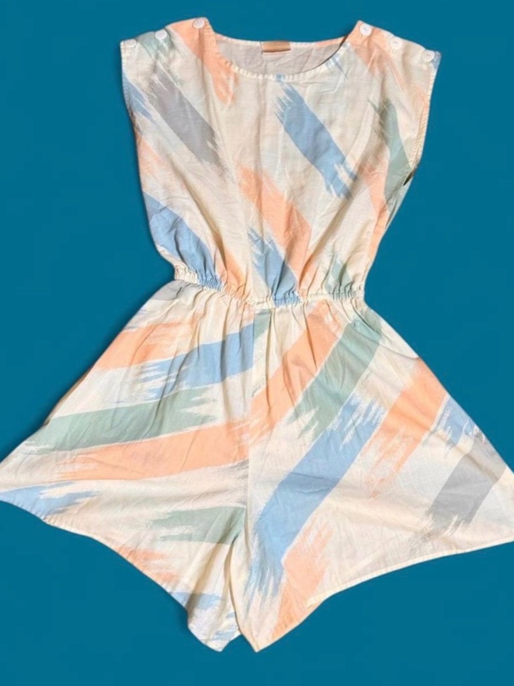 Vintage 1970’s sleeveless pastel colored watercolor brushstroke print romper.